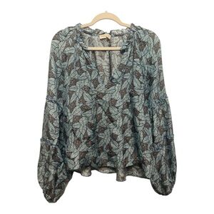 Ramy Brooke Top Multicolor Geometric Satin Balloon Sleeve Blue Blouse Size Small